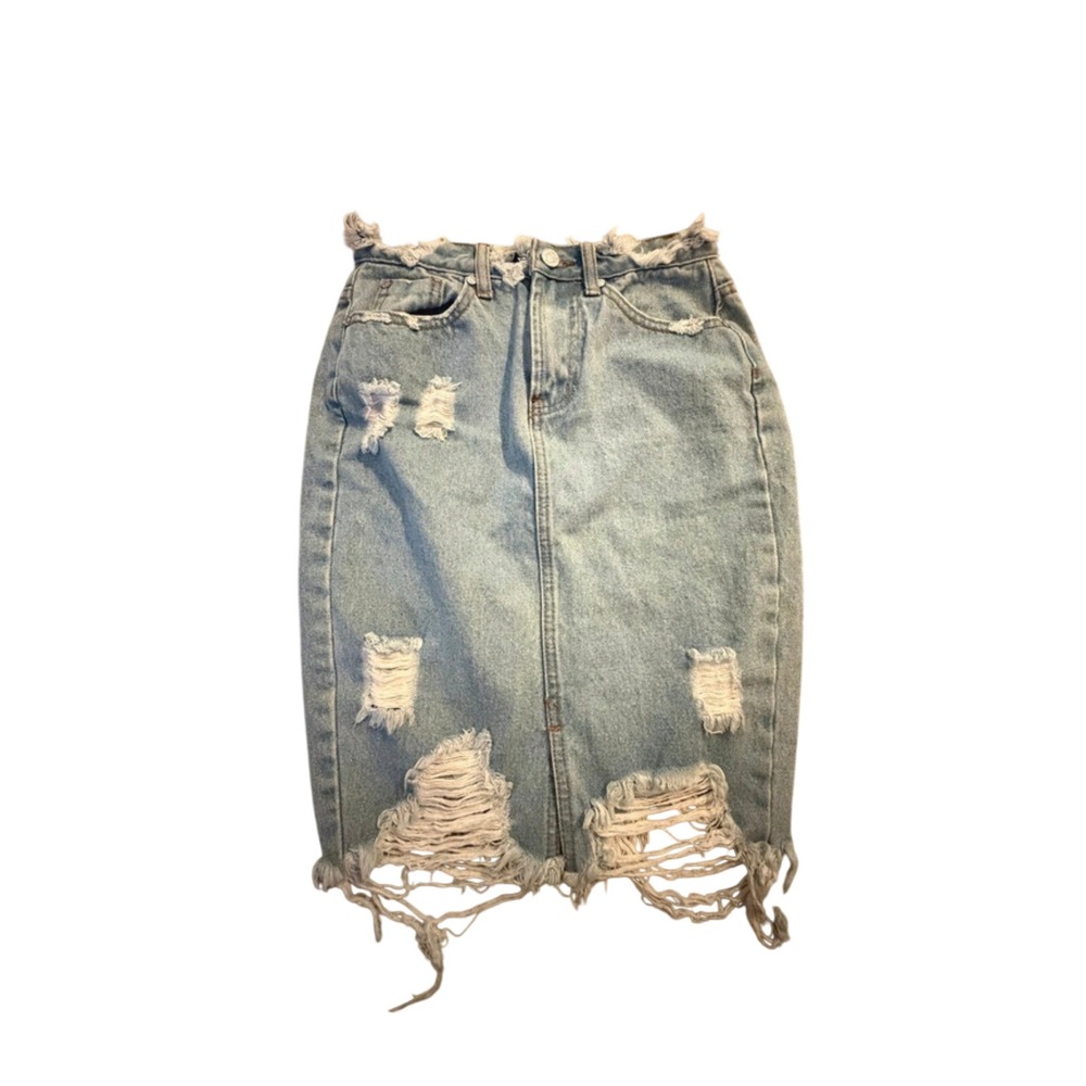 Missguided Distressed Denim Midi Skirt Light Wash Ripped Raw Hem US 0